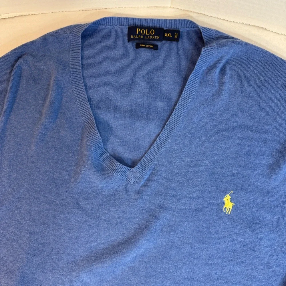 Ralph Lauren Men's 2XL Sweater Preppy Pony Blue Pima Cotton‎ V-neck Jumper EUC